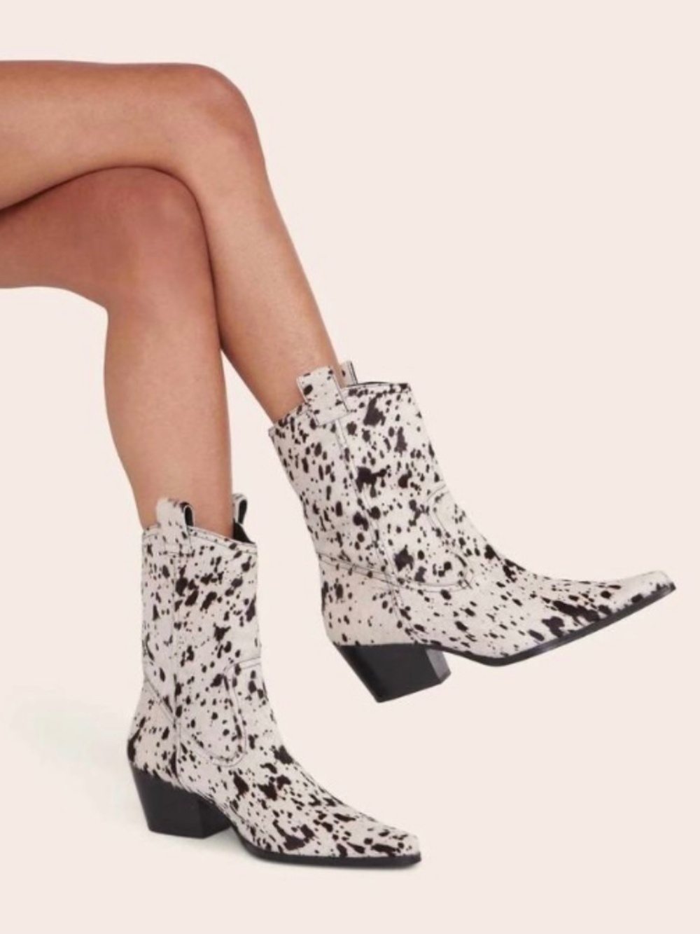 STAUD June Haircalf Cow Print Western Cowboy Boots Black White 38